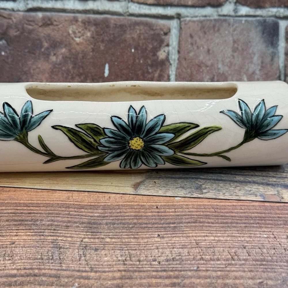 Vintage Ceramic Rolling Pin Planter Herbs Succulents Handpainted Floral Blue‎